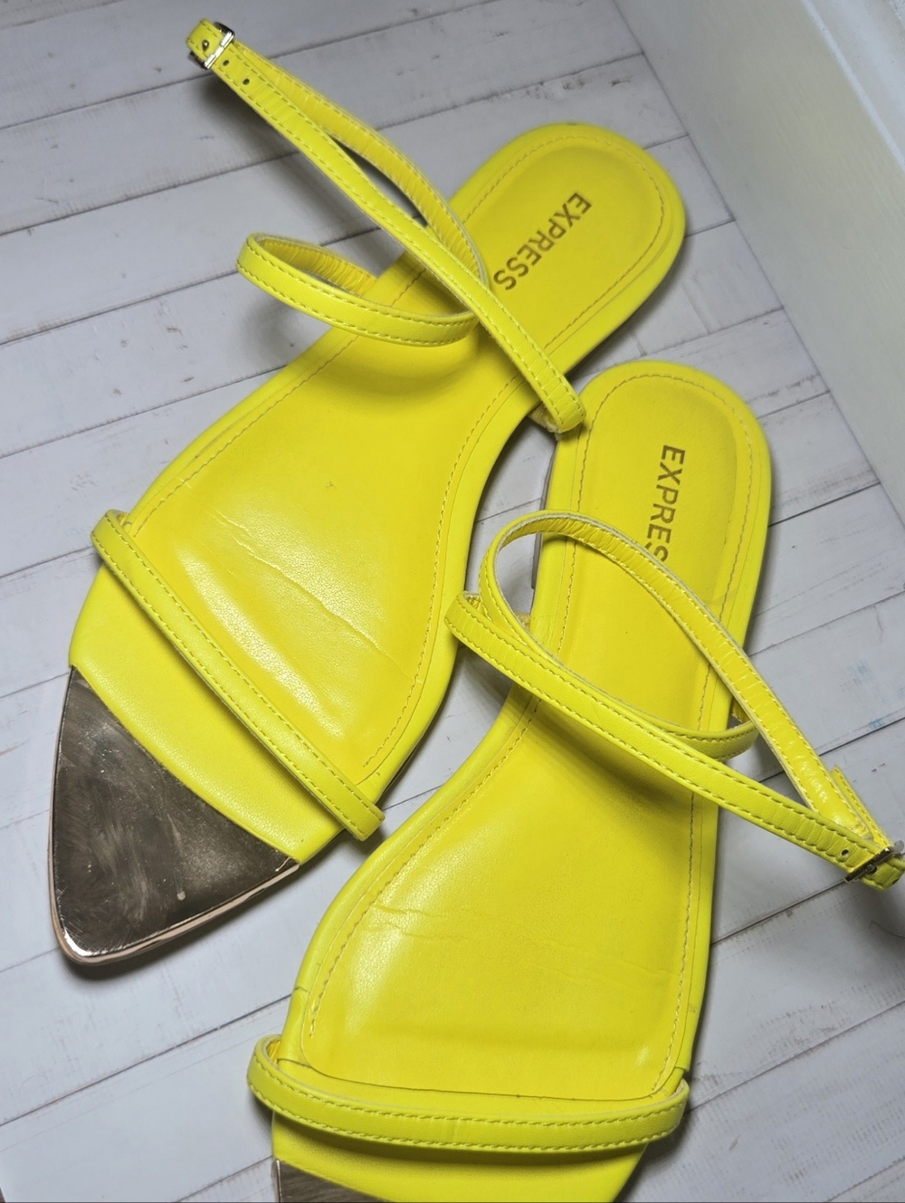 Express Bright Yellow Strappy Sandals with Metallic Toe